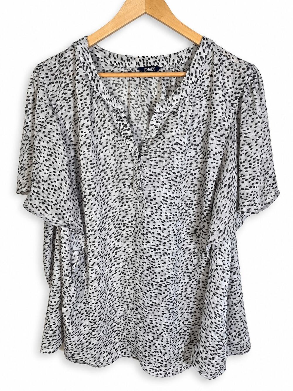 Chaps Blouse Tunic Womens 3XL Black White Polka Dot V-Neck Short Sleeve Casual